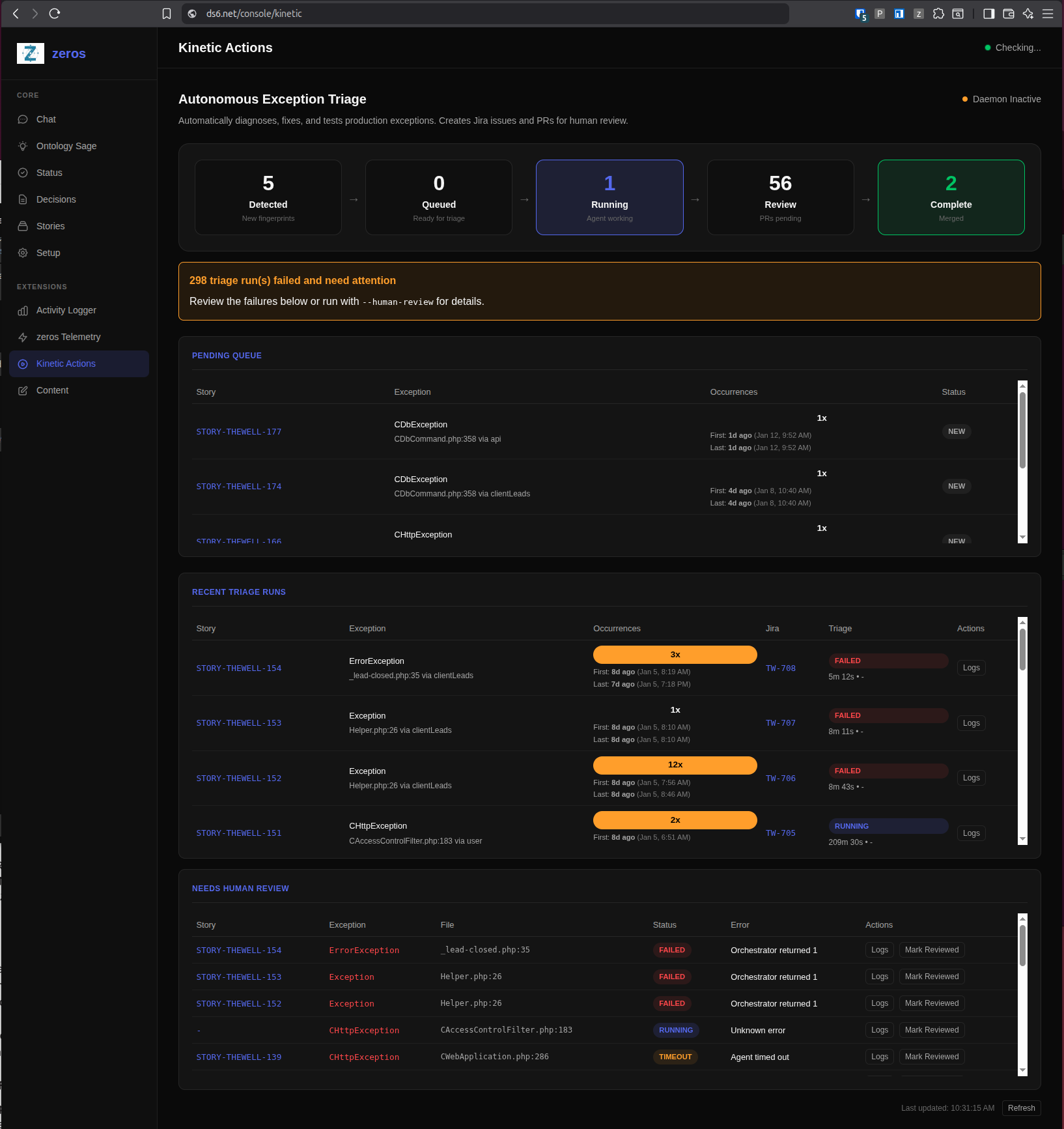 Kinetic Actions pipeline showing autonomous exception triage